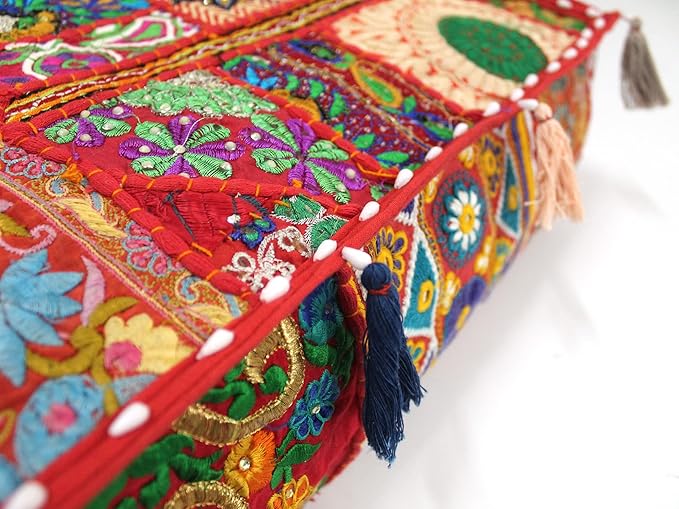 Mam Treasures Indian Bohemian Decorative Pillow Vintage Cushion Cover Patchwork Square Floor Pillow Cover Meditation Cushion Large Floor Pillow Indian Cushion (Red, 18 X 18 X 5 Inch)