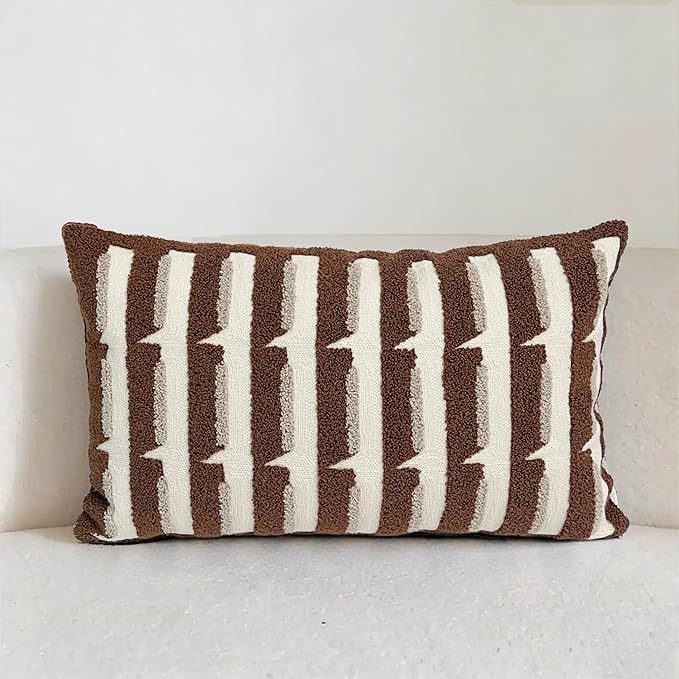 20"x20" Brown Cream Stripe Tufted Pillow Covers Luxury Geometric Accent Pillows Soft Woven Decorative Pillow Cases for Couch, Sofa, Bedroom Décor (Caramel, 20"×12")