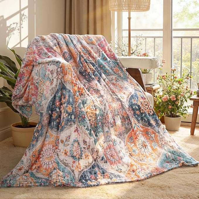 Lahome Rerto Fleece Blanket for Women Boho Bedroom Decor, Small Throw Blanket for Couch Bed Chair Cover, Decorative Fleece Blanket Throws Mom Gift Vintage Home Decor, Bohemian Colorful 50x60