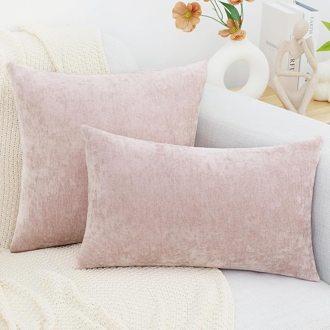 decorUhome Chenille Blush Pink Spring Valentine’s Day Throw Pillow Covers 20x20 Inch Set of 2, Decorative Soft Couch Pillow Covers Solid Dyed Accent Farmhouse Neutral Square Pillow Cases for Sofa