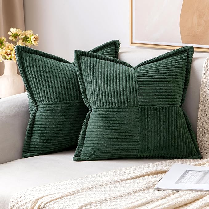 MIULEE Decorative Throw Pillow Covers for Couch Bed Livingroom 16x16 Inch Set of 2 Dark Green Boho Accent Throw Pllows Broadside Striped Patchwork Soft Corduroy Pillowcases