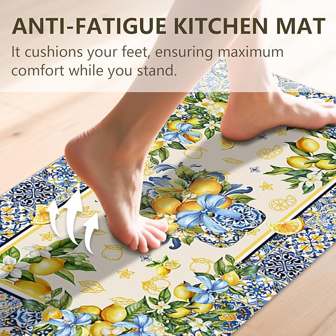 Rugs for Kitchen Floor, Lemon Anti Fatigue Mats for Kitchen Floor Non Slip, 2PCS Wipeable Rubber Kitchen Mat, Washable Cushioned Lemons Runner Carpet Rug for Sink Laundry 15.7"×27.5" +15.7"×47"