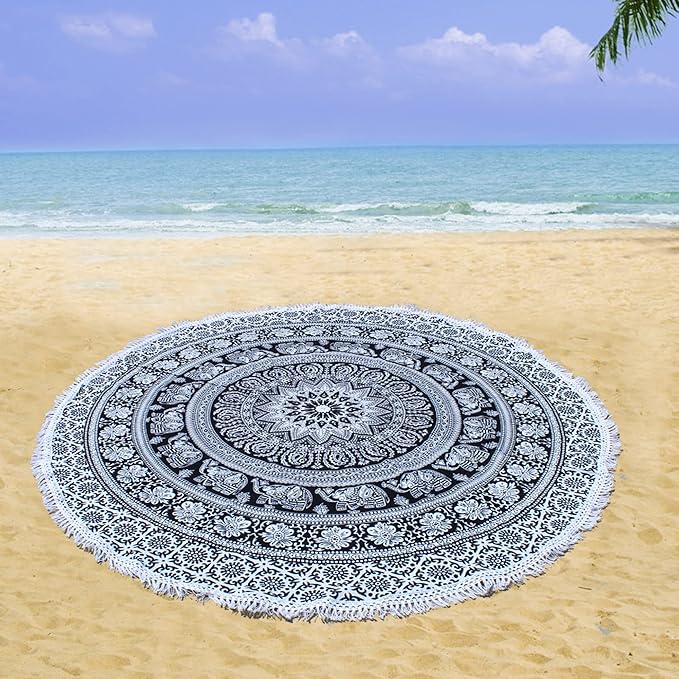 Round Beach Tapestry Turquoise Mandala Throw/Boho Hippie Beach Blanket Roundie/Indian Cotton Bohemian Large Round Table Cloth-Home Decor/Yoga Mat Meditation Picnic Rug (70", Black And WHite)
