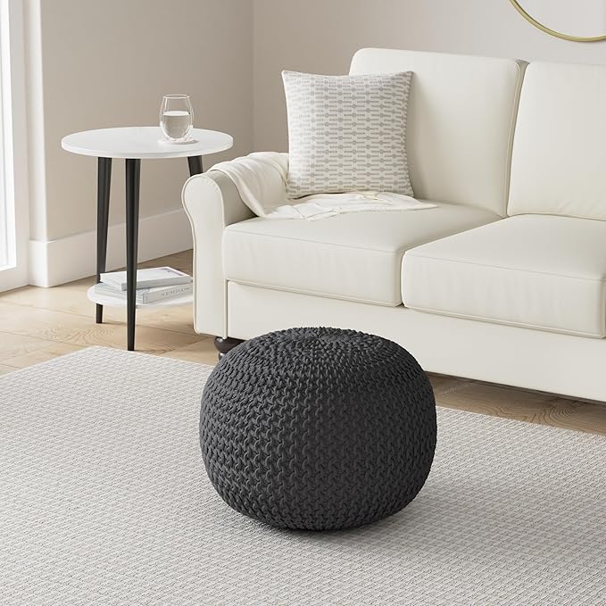 Nahunta Knitted Round Pouf - Cotton - Gray