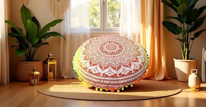 CRAFT KALA Boho Large Floor Pillow Pouf Cover Mandala Meditation Room Pillow Cover for Adults Round Bohemian Seating Pouf Cushion Cover for Kids Playroom 22" Yellow Orange Ombre