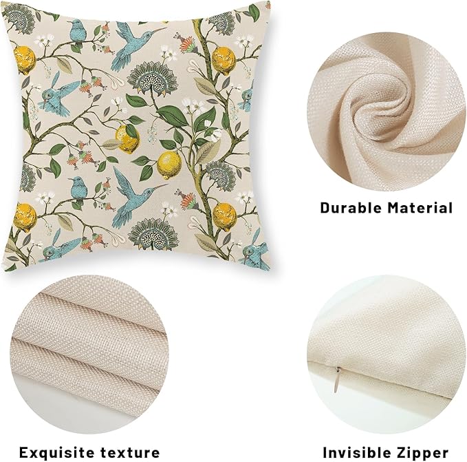 Chinoiserie Pillow Covers 16x16 Set of 2 Blue Green Bird Floral Throw Pillows Vintage Yellow Lemon Flowers Decorations Pillowcase Outdoor Chinoiserie Decor Linen Cushion Case for Couch Home