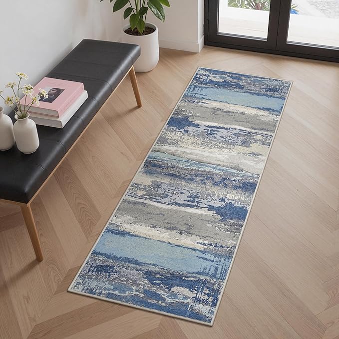 GENIMO 2X5 Washable Modern Runner Rug for Hallway, Non-Slip Low Pile Chenille Print Rug, Soft Rugs for Indoor Entryway Kitchen Corridor, Indigo Drift