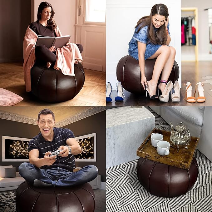 Louis Donné Brown Waterproof Faux Leather Unstuffed Pouf Ottoman, Handmade Moroccan Pouf Cover 21"x13", Round Floor Cushion Floor Chair Footstool for Living Room, Bedroom and Wedding (Only Cover)