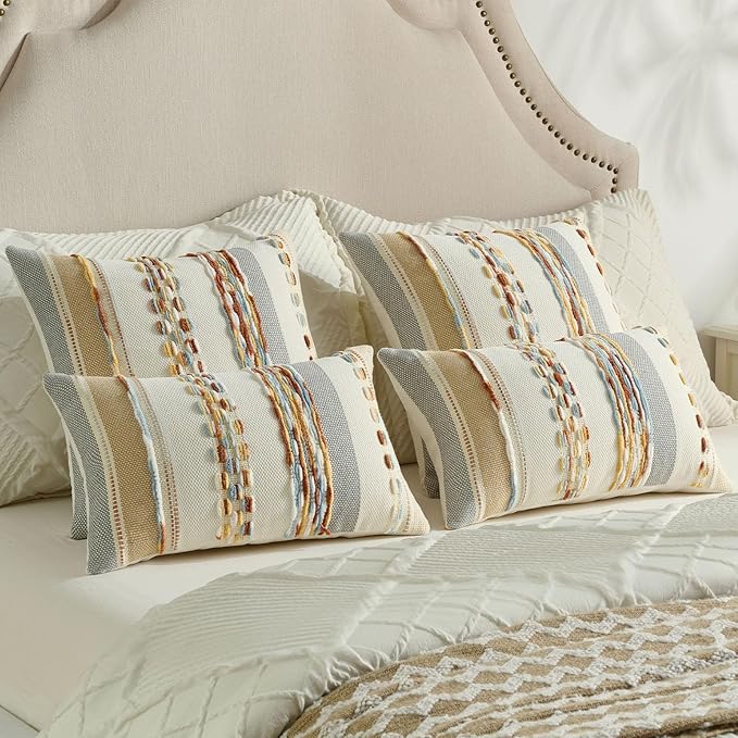 FUTEI Rust Blue Yellow Decorative Throw Pillow Covers 12x20 Inch Set of 2, Soft Tufted Striped Textured Accent Pillow Case,Boho Pillows for Couch Decor
