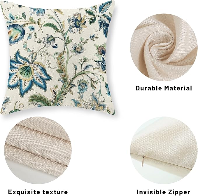 Blue Green Pillow Covers 16x16 Set of 2 Sage Green Chinoiserie Floral Throw Pillows Boho Vintage Flowers Decorative Pillowcase Outdoor Chinoiserie Decor Farmhouse Cushion Case for Couch Sofa