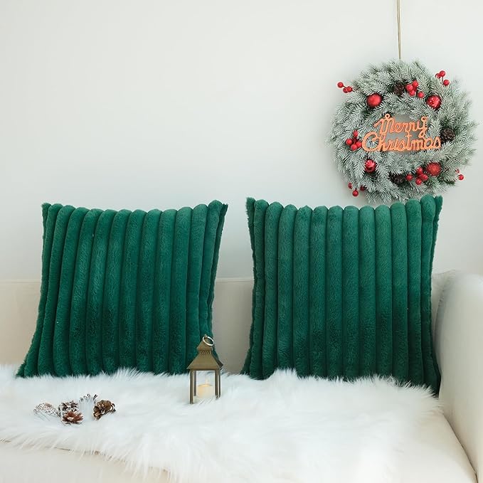 JOJUSIS Pack of 2 Faux Fur Plush Decorative Throw Pillow Covers Couch Cushion Case Soft Pillowcases (Dark Green, 24 x 24-Inch)