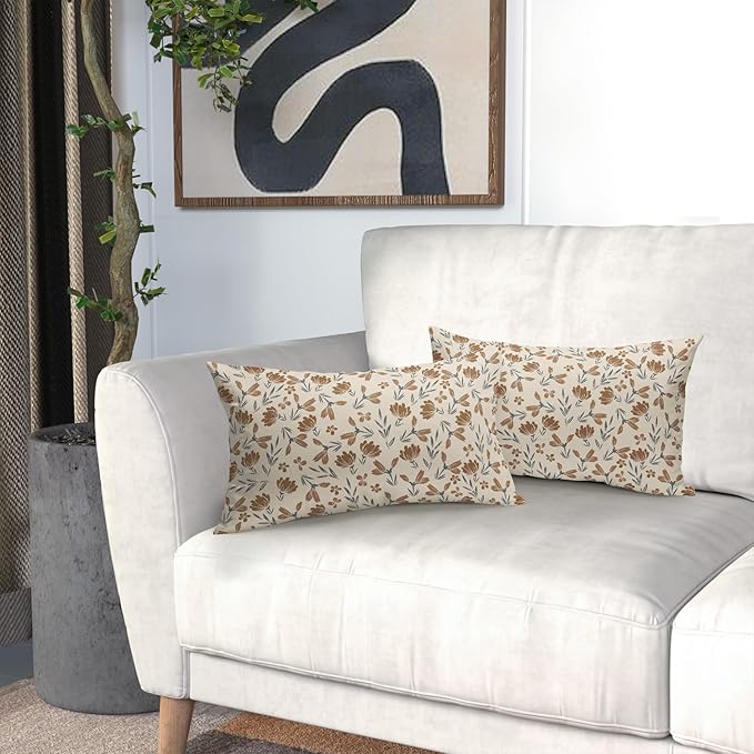 Brown Grey Gray Floral Pillow Covers 12x20 Set of 2 Vintage Rustic Old Style Cute Small Flower Print Rectangle Decorative Outdoor Pillowcases Farmhouse Throw Cushion Case Decor for Couch Sofa Bed