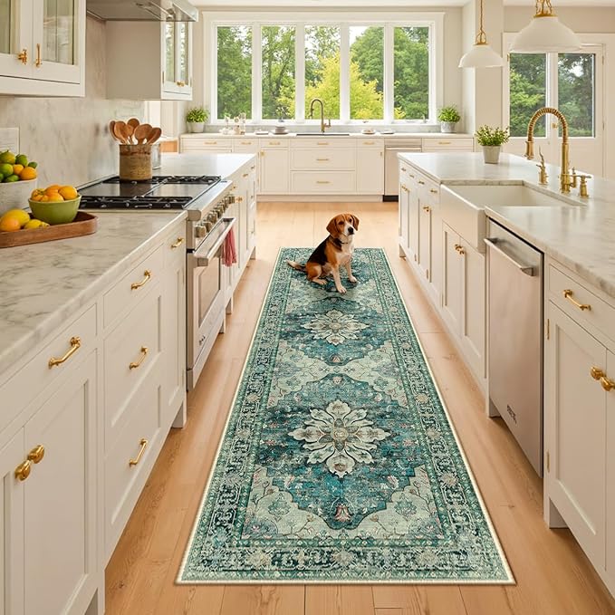 Area Rugs 2'x8' Runner Rug Non Slip Washable for Kitchen Hallway Bedroom Beside Laundry Room Bathroom Rug, Floor Carpet, Dark Blue Vintage