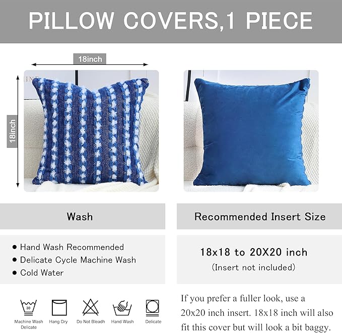 18x18 Boho Pillow Cover - Chenille Tufted Decorative Throw Pillow Cover Soft Velvet Backing, Farmhouse Striped Square Accent Pillow Case for Sofa, Couch, Bedroom, Living Room, Blue, White