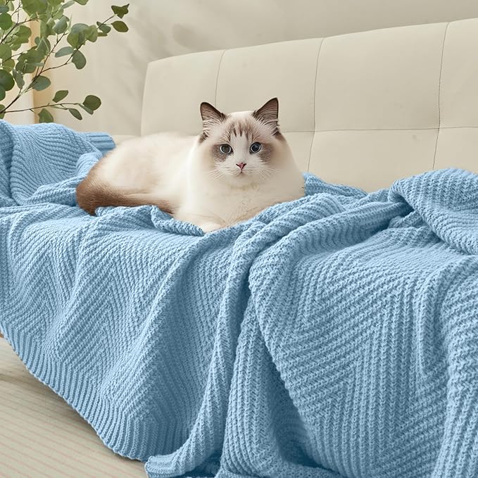 Knitted Throw Blanket 50"X60", Light Blue Knit Throws for Bed, Super Soft Boho Chevron Blankets for Couch Sofa Chair Room Decor, Textured Decorative Farmhouse Cozy Lightweight