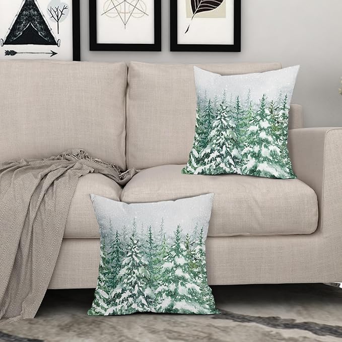 Kawani Green Pine Tree Pillow Covers 22X22 Inch Winter Forest Snowflake Decorative Pillow Cases Set of 2 Christmas Holiday Throw Pillows for Cushion Sofa Couch Outdoor