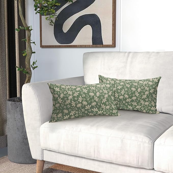 Spring Sage Green Pillow Covers 12x20 Set of 2 Vintage Floral Rustic Old Style Cute Flower Print Decorative Outdoor Pillowcases Seasonal Farmhouse Throw Cushion Case Decor for Couch Sofa Bed