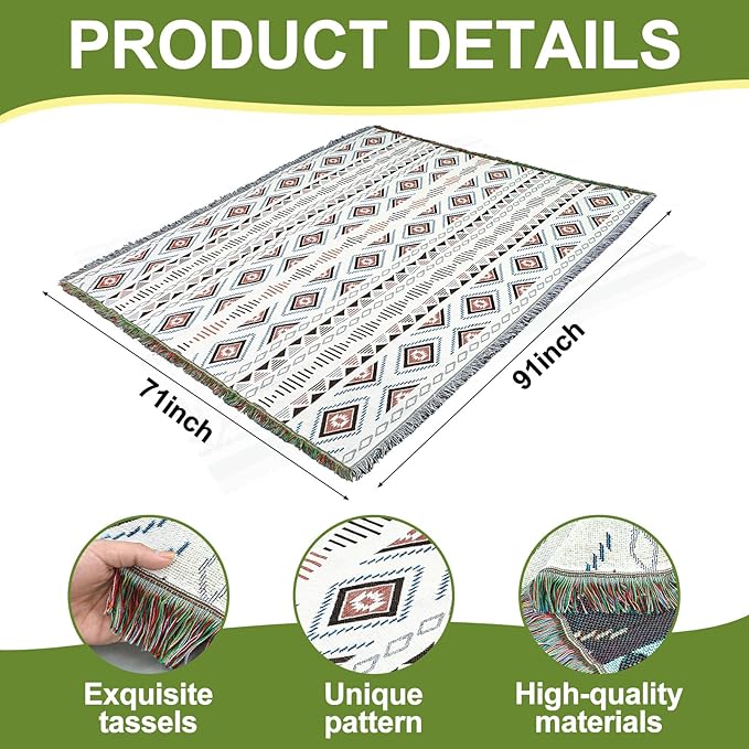 91x 71 in Extra Large Outdoor Picnic Blanket with Waterproof Mat Oversize Beach Woven Cotton Yarn Blanket with Fringe Machine Sandproof for Spring Summer Camping Beach Park(Diamond,Brown)