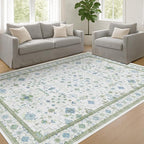 Cream Oushak 7x9 Bedroom Rug - Boho Floral Cool Blue and Green, Washable Low Pile Non-Slip Ultra-Thin Large Area Rugs for Playroom, Bed Room, Living Room