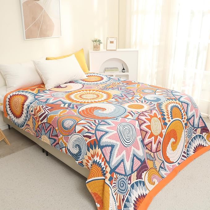 Snycler Boho Throw Blanket for Bed - 100% Cotton Ultra Soft Rustic Quilt Fall Blanket - Orange Floral Printed Farmhouse Decor Bed Blankets, 60"×80" All Season Rustic Throw for Sofa Couch Chair