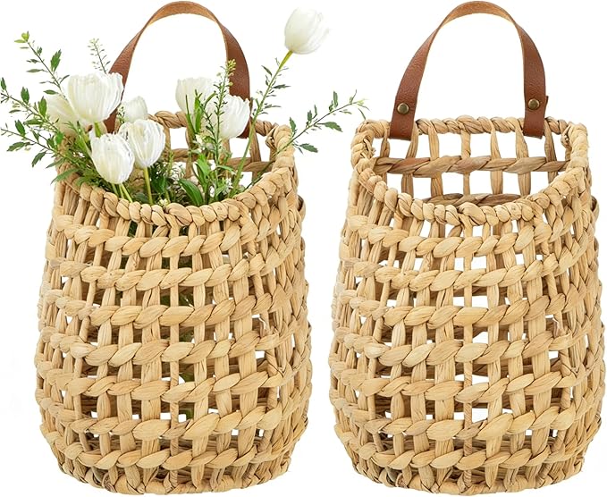 Water Hyacinth Hanging Wall Basket with Faux Leather Strap, Handwoven Boho Hanging Baskets, Wall Baskets for Indoor Outdoor Plant Flower Storage & Home Decor (2)
