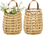 Water Hyacinth Hanging Wall Basket with Faux Leather Strap, Handwoven Boho Hanging Baskets, Wall Baskets for Indoor Outdoor Plant Flower Storage & Home Decor (2)