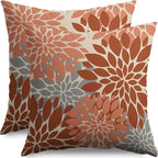 Burnt Orange Grey Gray Pillow Covers 18X18 Inch Set of 2, Fall Colored Modern Geometry Dahlia Floral Print Decorative Throw Pillow Covers Outdoor Farmhouse Cushion Case for Couch Sofa Bed Decor