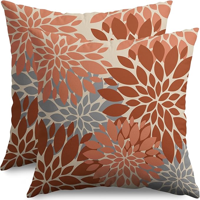 Burnt Orange Grey Gray Pillow Covers 20X20 Inch Set of 2, Fall Colored Modern Geometry Dahlia Floral Print Decorative Throw Pillow Covers Outdoor Farmhouse Cushion Case for Couch Sofa Bed Decor
