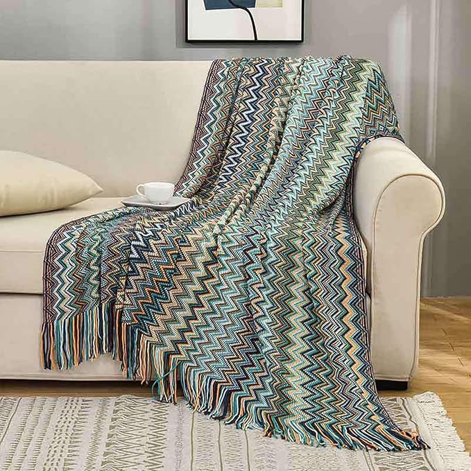 Bohemian Boho Throw Blankets, Knitted with Tassel, Outdoor Reversible Soft Cozy Lightweight Throw Blankets, Couch Bed Sofa Decorative Afghan Throw Blanket All Seasons Blue 50x60 inches