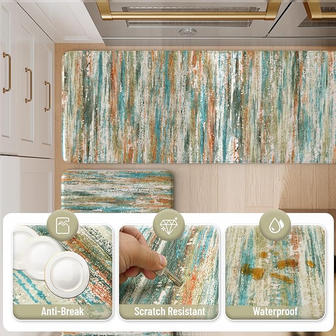KIMODE Kitchen Mats Cushioned Anti Fatigue 17"x47"+17"x29", Abstract Farmhouse Kitchen Mats for Floor 2 Piece, Padded Kitchen Floor Mats Non Slip, Standing Mat for Laundry Office Sink Desk Colorful