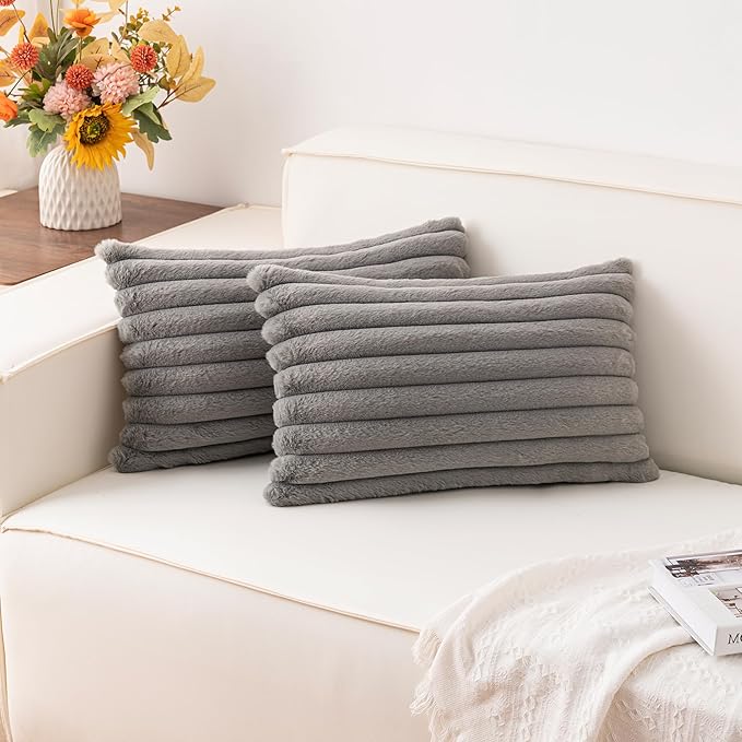 Pack of 2 Faux Fur Christmas Throw Pillow Covers 12x20 Inch, Soft Plush Striped Neutral Couch Pillow Cover, with Velvet Back Modern Home Decor for Sofa Living Room Couch Bed Dark Grey