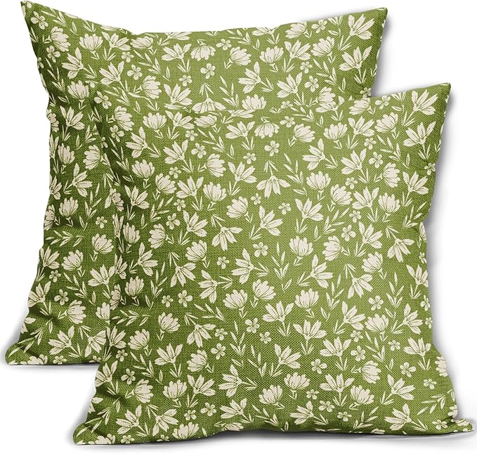 Lime Green Pillow Covers 20x20 Set of 2 Vintage Floral Rustic Old Style Cute Flower Print Decorative Outdoor Pillowcases Seasonal Farmhouse Throw Cushion Case Decor for Couch Sofa Bed
