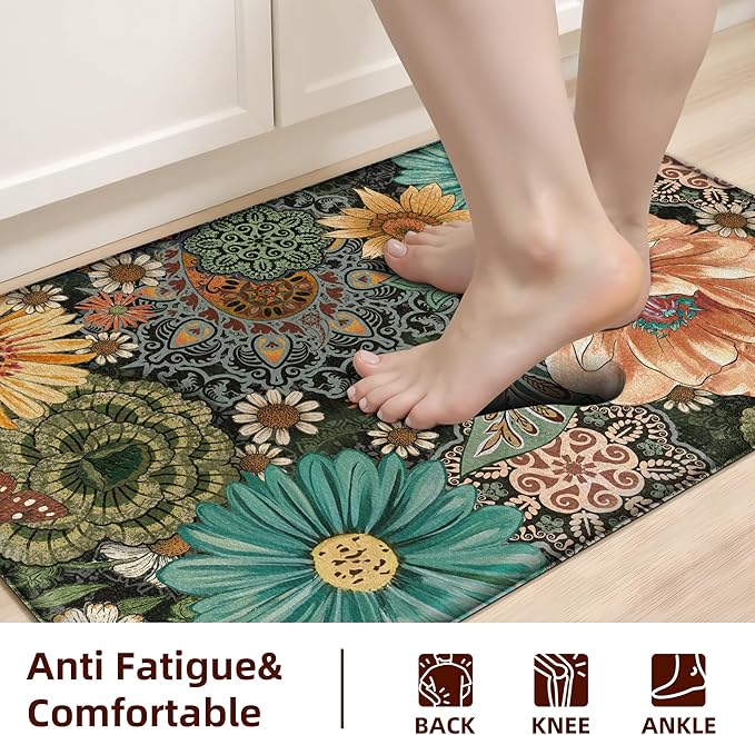 Boho Floral Kitchen Mats for Floor 2PCS Anti Fatigue Mats for Kitchen Floor Cushioned Non Slip Waterproof Memory Foam PVC Kitchen Rugs Set for Sink,Office,Laundry 17.3"x28"+17.3"x47"