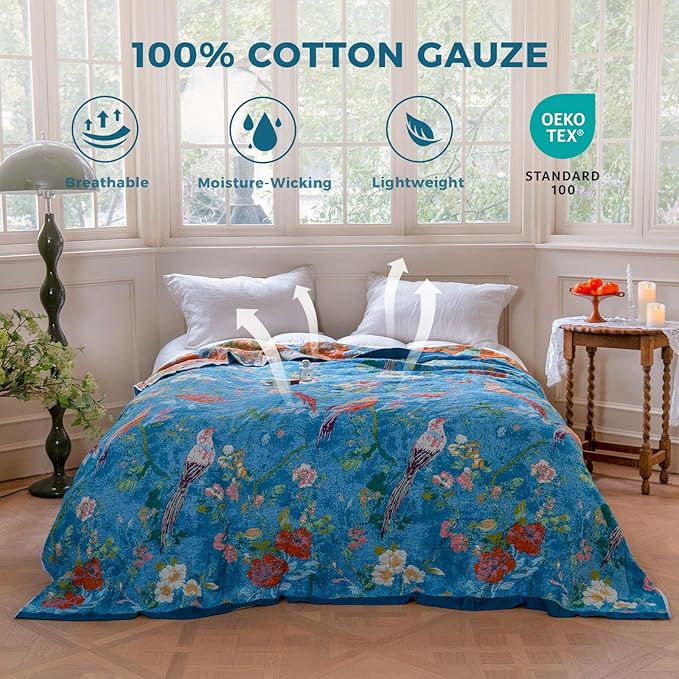 Boho Throw Blanket for Couch Sofa Chair Cotton Spring Blankets for Bedroom Living Room All Season Lightweight Reversible Floral Birds Embroidery Throws 50"x60"