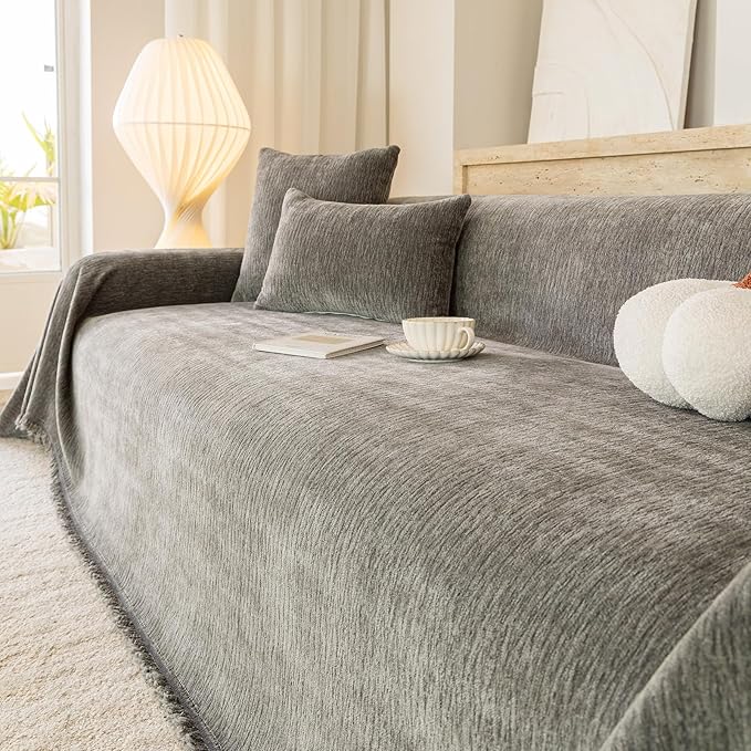 ROOMLIFE Sofa Cover, Boho Couch Cover for 3 Cushion Sofa, Non Slip Chenille Sofa Slipcovers for Dog, Washable Furniture Sofa Protector Cover with Tassel for Living Room, 71''X118”