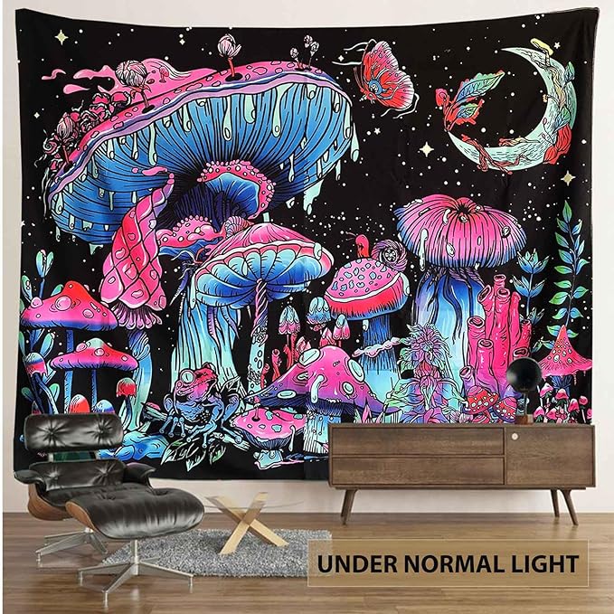 TUGCAY Blacklight Mushroom Tapestry, Glow In The Dark Black Light Plant Tapestry Fantasy UV Reactive Mushroom Butterfly Moon Tapestries Posters Wall Hanging for Bedroom Dorm Decor(30"x40")