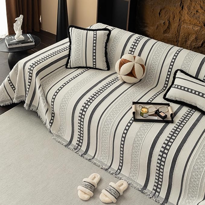 Striped Couch Cover Blankets, Boho Couch Covers, Sofa Blanket Cover for Dogs, Large Couch Covers for Recliner and Chair, Chenille Sofa Covers Washable Sectional(1pc/Light Grey/71 x 134)