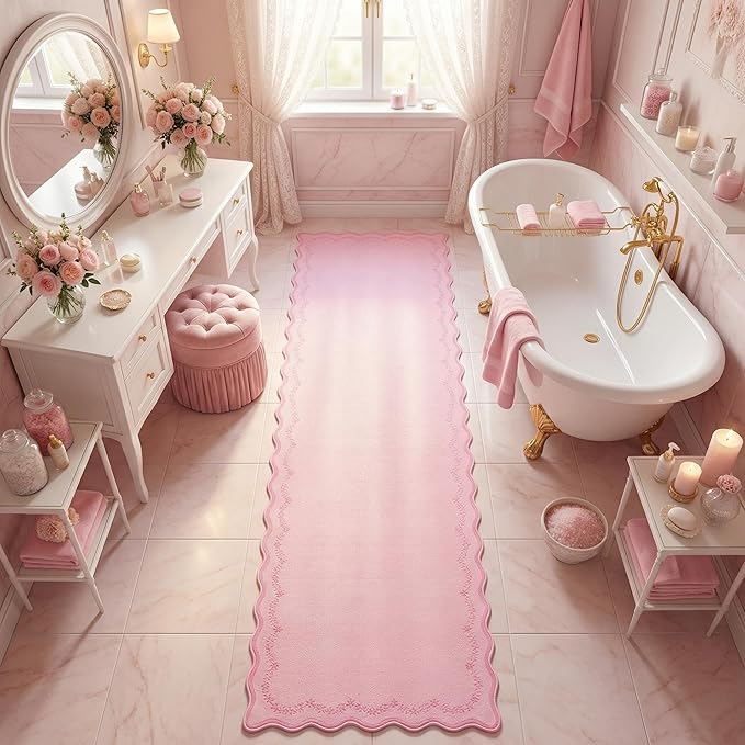 GarveeHome 2.6x10 Scalloped Valentines Washable Runner Rug for Kitchen, Soft Pink Long Hallway Runner Non Slip Entryway Rug Farmhouse Thin Laundry Mat Stain Resistant Carpet for Bathroom Beside Rug