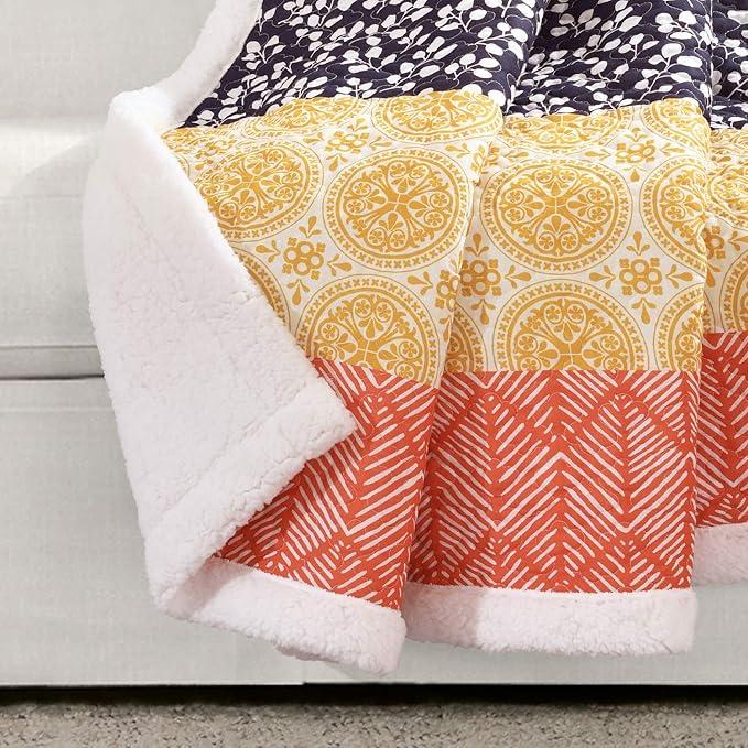 Lush Decor Bohemian Stripe Sherpa Throw Blanket, 50" W x 60" L, Fuchsia & Orange - Bold Colorful Boho Stripe Design - Quilted Print - Soft Sherpa Blanket For Bed, Couch, Or Chair