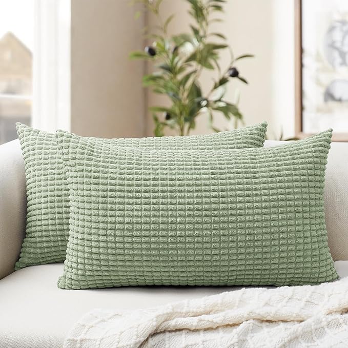 Softalker Throw Pillow Covers 12x20 Inch, Set of 2, Soft Corduroy Boho Stripe Decorative Pillow Cover, Couch Fluffy Pillow Cover for Farmhouse Home Decor Bed Living Room, Sage Green
