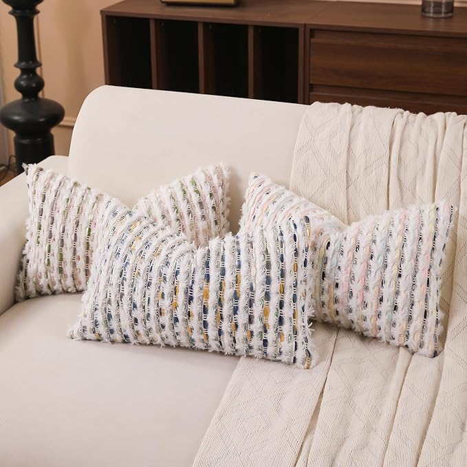 Boho Lumbar Pillow Cover 12x20 Inch Pack of 1 Farmhouse Rectangle Decorative Couch Throw Pillow Cover Macaron Chenille Tufted Striped Pillowcase for Living Room Sofa Bed