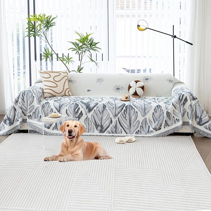 Floral Couch Cover Blanket, Botanical Couch Blanket Cover, Sofa Cover Blanket for Dog, Chenille Sofa Covers Washable, Medium Couch Covers for Recilner&Chair(1pc/Grey/71×134")