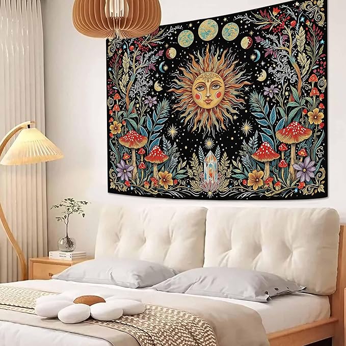 Accnicc Boho Sun and Moon Tapestry Hippie Mushroom Floral Wall Tapestry for Bedroom Aesthetic Vintage Plant Celestial Spiritual Small Tapestries Wall Hanging for Dorm Living Room Decor 48 x 36 Inch