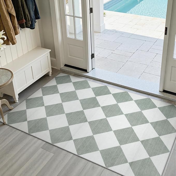 Beeiva Checkered Print 3x5 Washable Rug for Entryway, Non Slip Soft Small Bedroom Rug 3x5 Ultra Thin Moroccan Bathrooom Decor, Gingham Plaid Carpet for Laundry Entry Kitchen Nursery (Green/White)