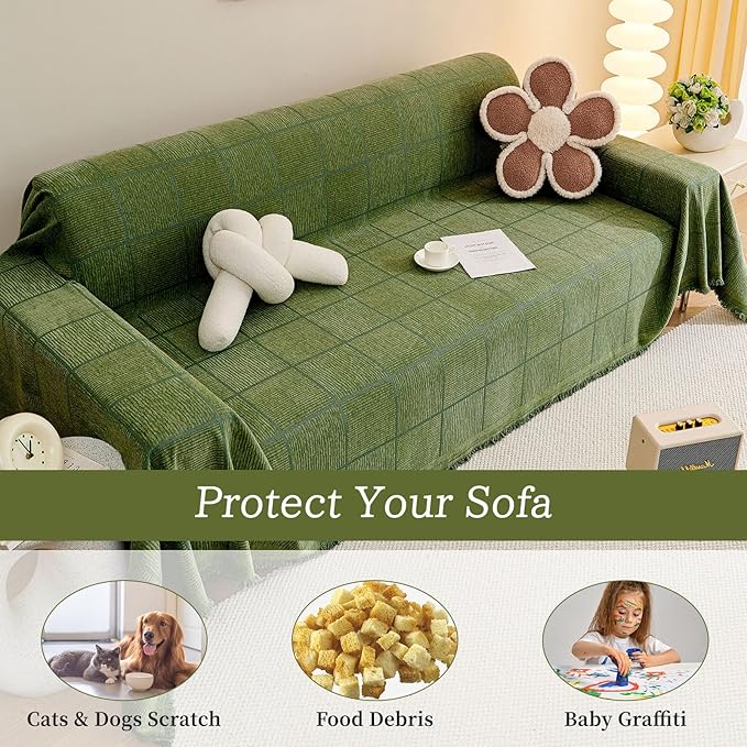 ROOMLIFE Sofa Covers for 3 Cushion Couch Boho Style Green Block Sectional Couch Covers Practical Futon Sofa Slipcover Versatile Couch Cover Blanket for Dogs Cats Couch Protector, 71"x134"