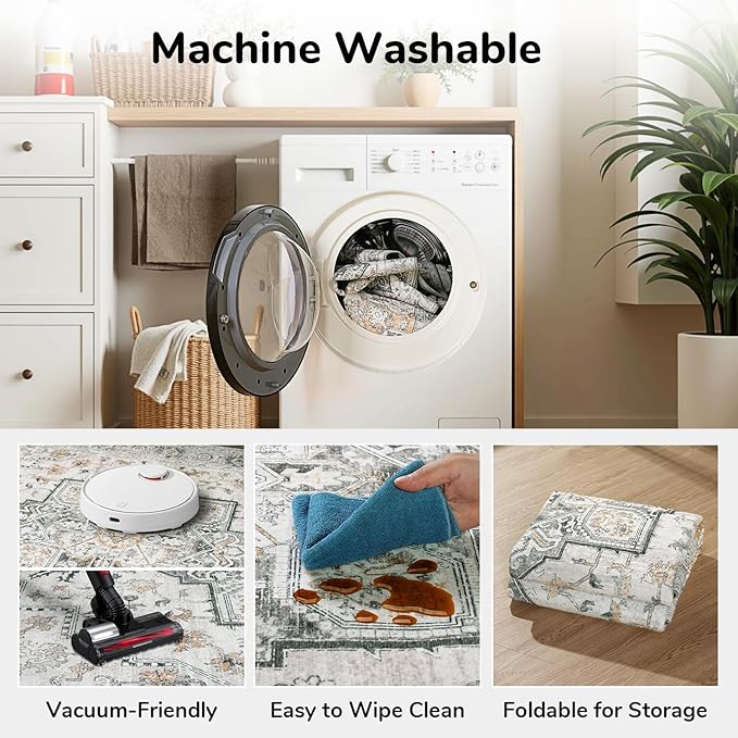 Lessymo Washable 2×3 Small Area Rugs for Entryway Bathroom, Soft Kitchen Rug Non-Slip Carpet Indoor Door Mat for Floor, Vintage Boho Low Pile Rugs for Entry Bedroom Nursery Home, Grey/Brown