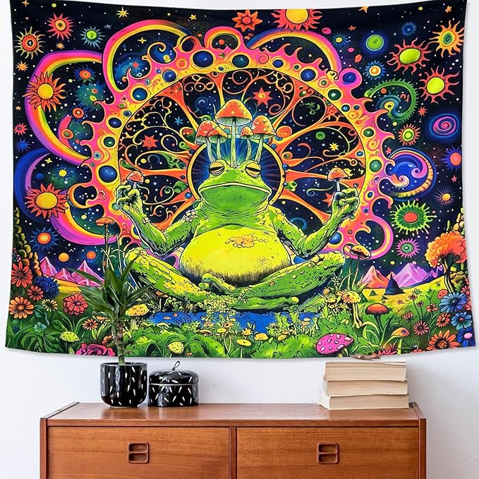 ARTCREATOR Blacklight Frog Mushroom Tapestry, Whimsical Hippie Wall Decor UV Reactive Tapestries Vintage Meditating Frog Tapestries for Living Room Bedroom (29" x 37")