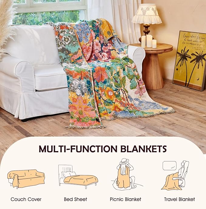 Boho Throw Blanket - 100% Cotton Throw Blankets for Bed Couch, 50"x60" Soft Muslin Lightweight Spring Throw Blanket, Cozy Oil Painting Bohemain Bedding Decor Green Throw Quilt