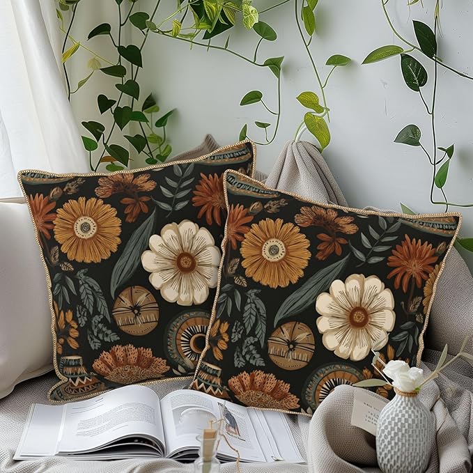 KSLIDS Boho Flower Soft Velvet Throw Pillow Covers Set of 2 Modern Abstract Retro Bohemian Flower Decorative Pillow Covers 18x18 Inch Mid Century Tropical Leaves Pillow Case for Sofa Couch Home Decor