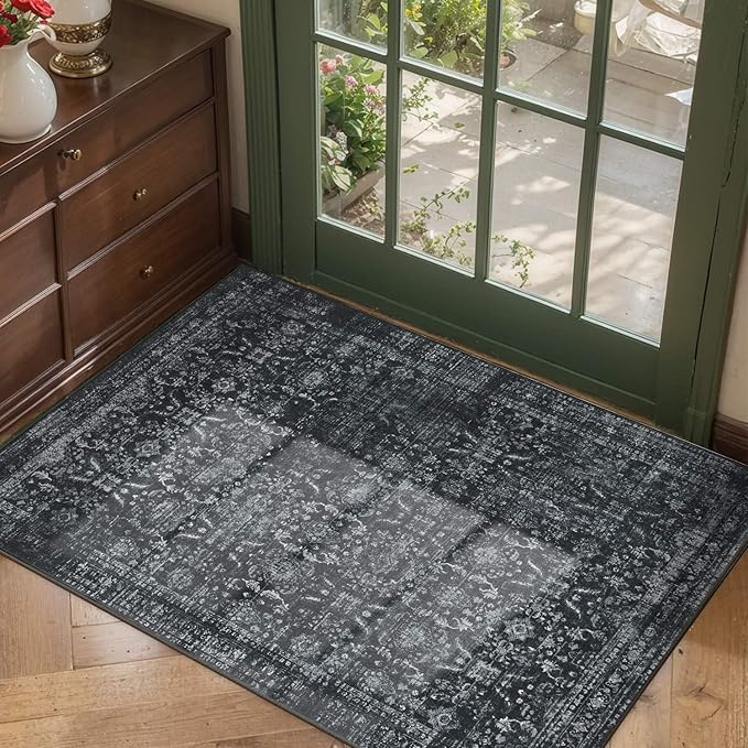 Entryway Rug Door Mat, Washable Samll 2x3 Rug, Black Boho Front Door Mat, Non Slip Area Rugs, Low Pile Throw Accent Entry Carpet for Indoor Entrance, Bathroom and Kitchen(Black 2x3ft)